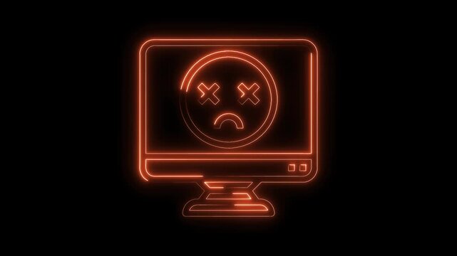 Neon computer screen with sad dead face depicting error or fatal exception occurred