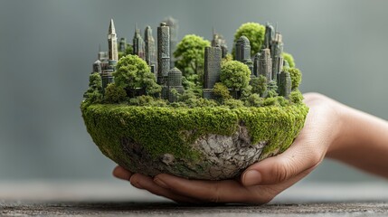 Hand Holding Half Globe with Green Moss, Dense Trees and Miniature City Skyline Symbolizing Sustainable Urban Future Concept
