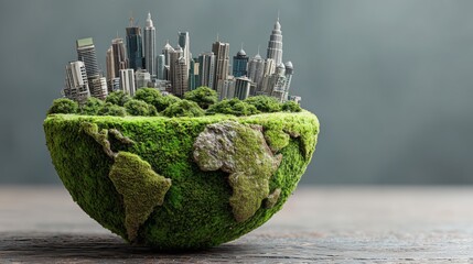 Creative Half Globe Covered with Green Moss and Miniature City Skyline Emerging from Trees Representing Urban Sustainability Concept
