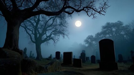 A hauntingly beautiful scene of a graveyard shrouded in mist, with leafless trees silhouetted against a full moon, conveying a sense of tranquility and mystery. - Powered by Adobe