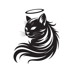 Elegant Cat Angel Silhouette with Halo Vector