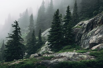 Misty mountainside with pine trees