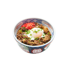 Gyudon beef bowl with onsen egg and  beni shoga, isolated on white background with clipping path
