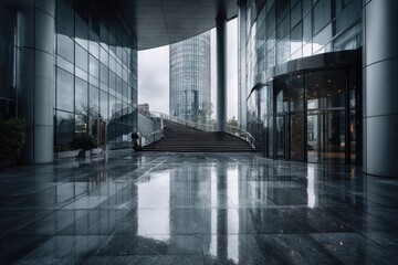 Modern office building exterior on a rainy day