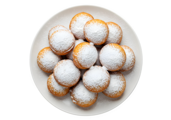 A plate of beignets with a thick covering of powdered sugar creating a snowy effect, isolated on white or transparent background. PNG