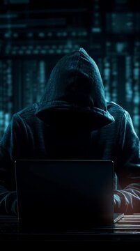 Mysterious hacker in hoodie using laptop for cybercrime in dark environment