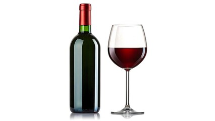Red wine bottle with glass filled on white background
