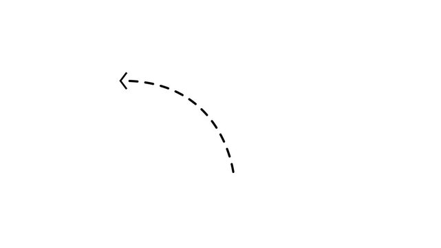 Arrow left direction icon with dotted line animation Black background. dot arrows icon sign animated with alpha channel. white arrows animation. Reveal animation of solid, dashed 4k video.