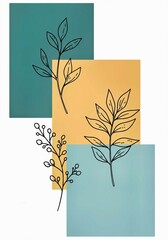 Abstract illustration with hand-drawn plant doodles on colorful pastel blocks. Wallpaper. Features simple line art leaves, branches against backgrounds of mint, coral, yellow, pale blue
