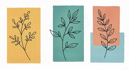 Abstract illustration with hand-drawn plant doodles on colorful pastel blocks. Wallpaper. Features simple line art leaves, branches against backgrounds of mint, coral, yellow, pale blue