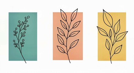 Abstract illustration with hand-drawn plant doodles on colorful pastel blocks. Wallpaper. Features simple line art leaves, branches against backgrounds of mint, coral, yellow, pale blue