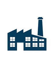 Minimalist blue factory silhouette against a clean white backdrop