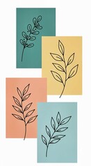 Abstract illustration with hand-drawn plant doodles on colorful pastel blocks. Wallpaper. Features simple line art leaves, branches against backgrounds of mint, coral, yellow, pale blue