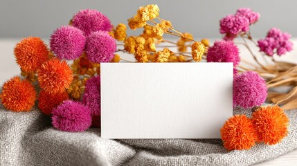 Colorful Dried Flower Arrangement with Blank White Card on Gray Fabric Background