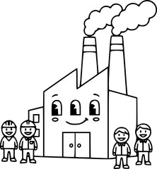 illustration of factory Factory with Smoking Chimneys and Happy Employees Friendly Plant