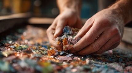 close-up of recycled materials being processed for reuse in solar technology, sustainable manufacturing concept