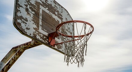 Naklejka premium A weathered basketball hoop with a net hangs against a bright, cloudy sky, showing signs of age and use.