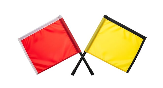 Two crossed referee flags, one red and one yellow, isolated on a white background, used in sports officiating.
