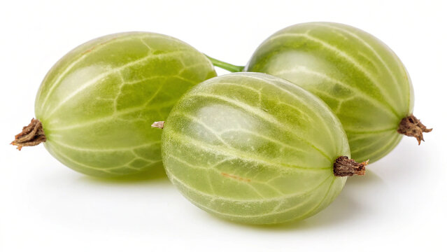Three fresh green gooseberries isolated on white background, close up shot - Powered by Adobe