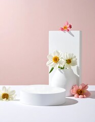 Minimalist floral display white pedestal, vase, blooms, and pink backdrop