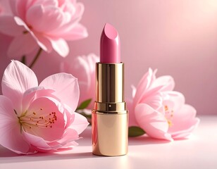 Elegant Pink Lipstick Displayed with Beautiful Pink Flowers and Soft Lighting
