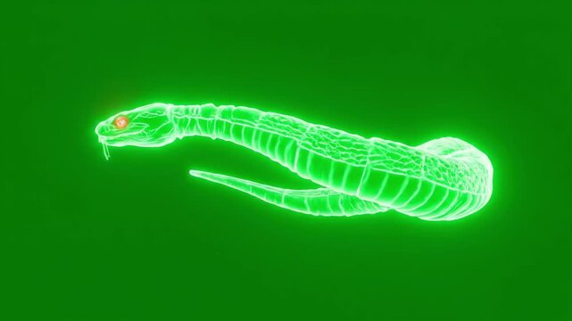Futuristic glowing green holographic snake skeleton on a dark background