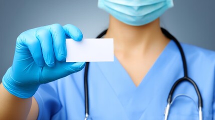 Doctor holding professional, identification card medical professional displays contact information card.