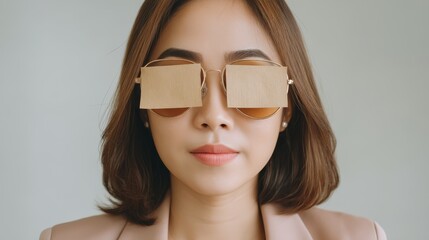 A young woman with shoulder-length brown hair wears eyeglasses with brown cardboard squares taped over the lenses, symbolizing limited vision, being blinded by a concept, or wearing blinkers.