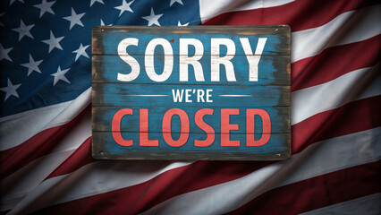 Budget shutdown government furlough economy usa sign on wooden board with folded flag background conveying closure and concern