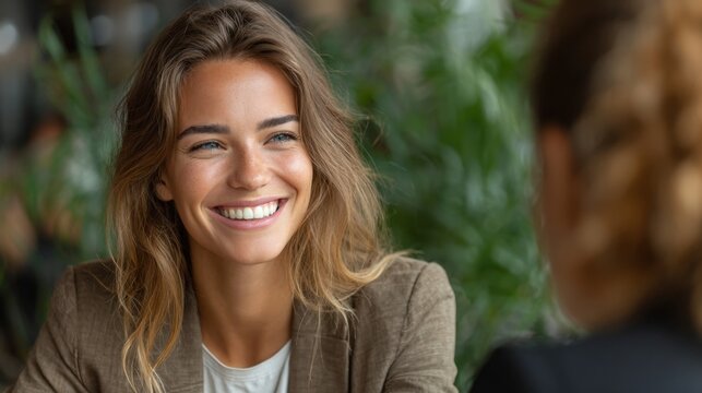 HR manager interviewing job candidate, formal but friendly setting, natural light