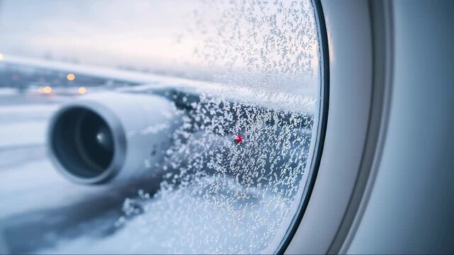 Frozen window view from an airplane showing ice patterns during winter flight