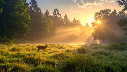 Fototapeta premium Sunrise in the Forest: A Deer in Golden Light