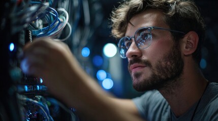 IT technician fixing hardware inside office server rack, technical detail, low-key lighting