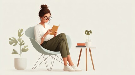 office worker reading news on phone during break, minimalist white space, calm tone