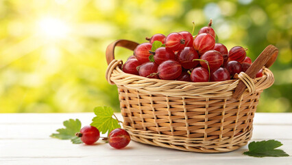 Gooseberries in basket on white surface in natural warm sunlight background