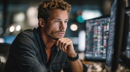 finance analyst reviewing spreadsheets with serious focus, dual monitor setup