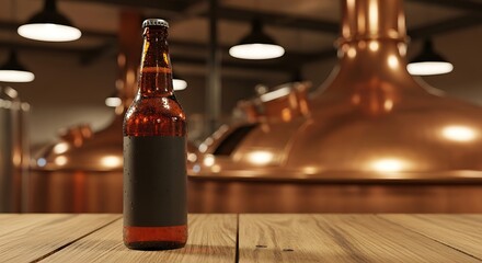 Amber Beer Bottle on Wooden Table with Brewery Background, Warm Lighting.