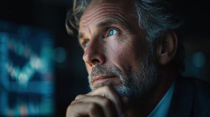 cinematic portrait of a senior investor in a suit looking thoughtfully at a digital dashboard, office light creating depth