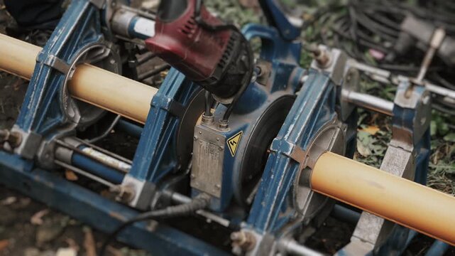A close-up of the process of facing a plastic gas pipe for welding. The technology for laying plastic gas pipes underground.