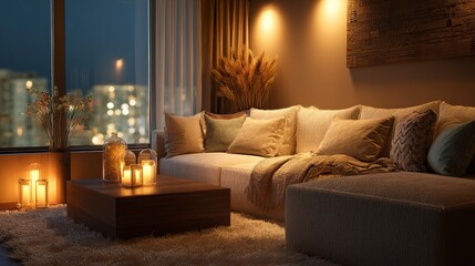 Warm and cozy living room at night with soft ambient lighting, beige decor, and comfortable pillows - 3D rendering  