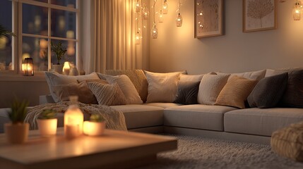 Warm and cozy living room at night with soft ambient lighting, beige decor, and comfortable pillows - 3D rendering  
