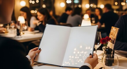Over-the-Shoulder View of a Blank Menu Mockup in a Sophisticated Restaurant with Warm Bokeh Lights.