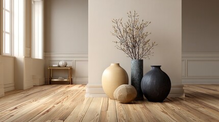 Warm and inviting home interior with hardwood floors, neutral walls, and decorative vases - 3D illustration  