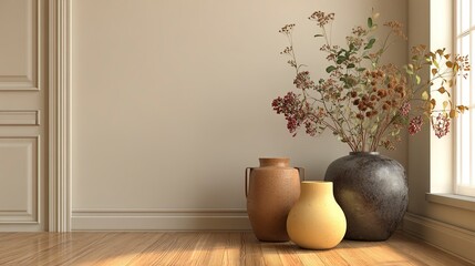 Warm and inviting home interior with hardwood floors, neutral walls, and decorative vases - 3D illustration  