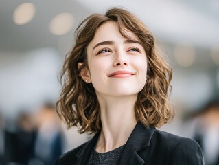 Fototapeta premium Portrait of a young woman with wavy hair looking up smiling in a business setting