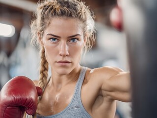 Find a female boxer training hard with boxing gloves and punching bag workout gym