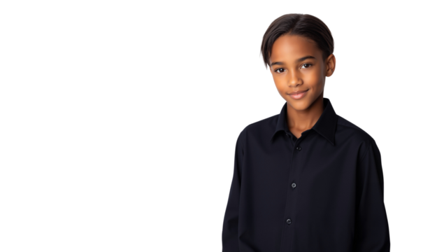Happy young mixed race boy in black shirt standing against transparent background