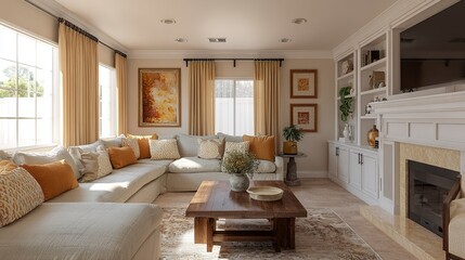 Warm and welcoming family room with a mix of modern and classic decor elements - 3D render  