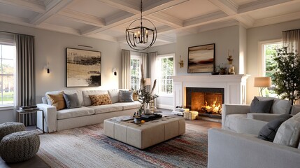 Warm and welcoming family room with a mix of modern and classic decor elements - 3D render  