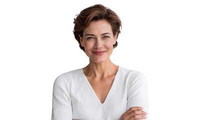 Confident and elegant mature business woman with a short hairstyle, smiling at the camera